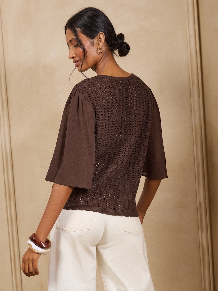 Love & Roses Chocolate Brown Woven Sleeve Crochet Style Crew Neck Top - Image 5 of 5 Love & Roses Chocolate Brown Woven Sleeve Crochet Style Crew Neck Top - Image 5 of 5