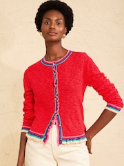 Love & Roses Red Frilled Multicolored Detail Knitted Cardigan - Image 1 of 4