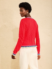 Love & Roses Red Frilled Multicolored Detail Knitted Cardigan - Image 2 of 4