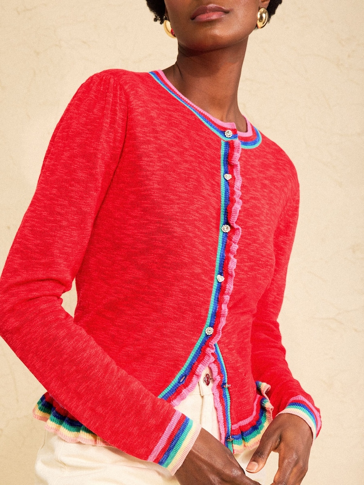 Love & Roses Red Frilled Multicolored Detail Knitted Cardigan - Image 4 of 4 Love & Roses Red Frilled Multicolored Detail Knitted Cardigan - Image 4 of 4