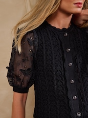 Love & Roses Black Broderie Woven Sleeve Cotton Rich Knitted Top - Image 2 of 5