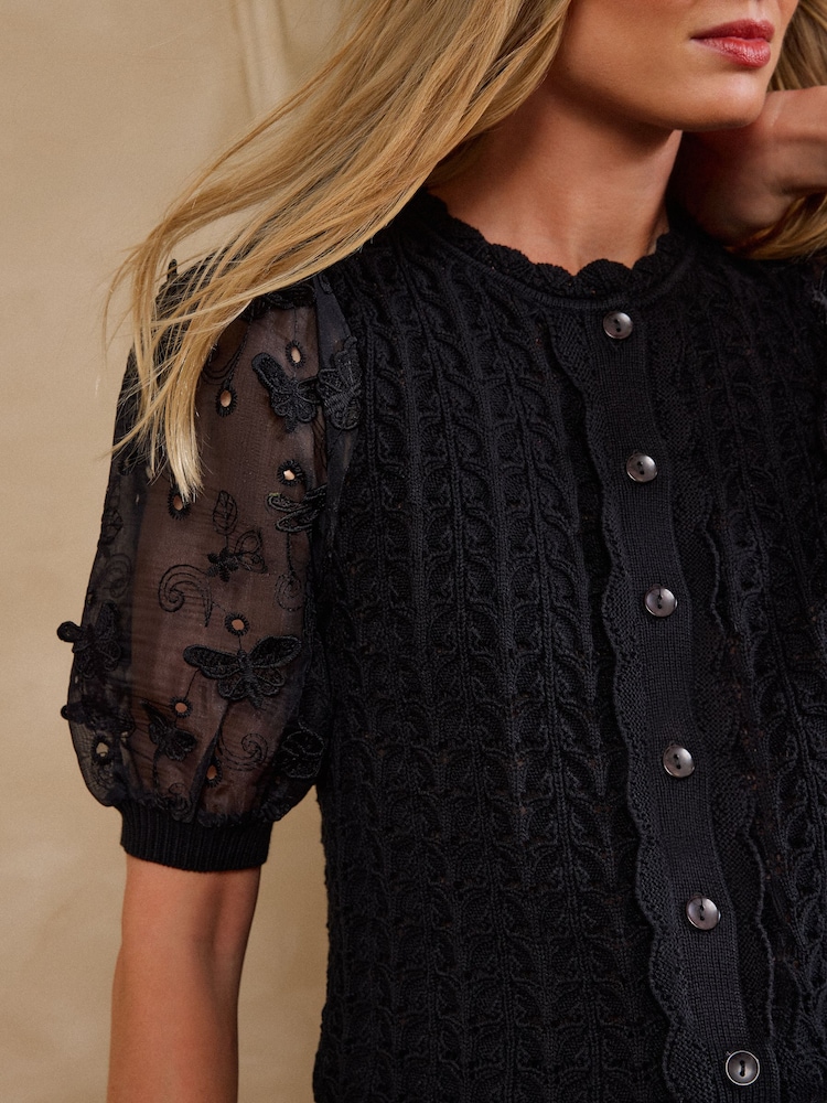 Love & Roses Black Broderie Woven Sleeve Cotton Rich Knitted Top - Image 2 of 5 Love & Roses Black Broderie Woven Sleeve Cotton Rich Knitted Top - Image 2 of 5