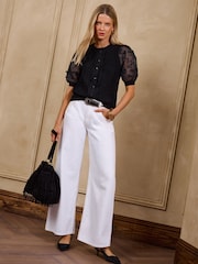 Love & Roses Black Broderie Woven Sleeve Cotton Rich Knitted Top - Image 3 of 5
