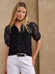 Love & Roses Black Broderie Woven Sleeve Cotton Rich Knitted Top - Image 5 of 5