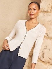 象牙白 - Love & Roses Pointelle Scallop Detail 3/4 Sleeve Knitted Cardigan - 圖片 1/5