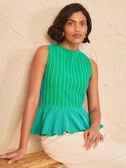 Love & Roses Teal Blue Striped Crew Neck Peplum Sleeveless Knitted Top - Image 1 of 5