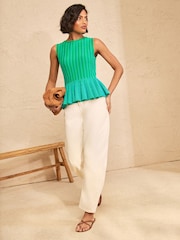 Love & Roses Teal Blue Striped Crew Neck Peplum Sleeveless Knitted Top - Image 2 of 5