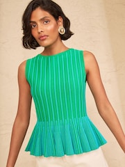 Love & Roses Teal Blue Striped Crew Neck Peplum Sleeveless Knitted Top - Image 3 of 5