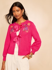 Love & Roses Floral Embroidered Detail SatinTie Front Knitted Cardigan - Slika 1 od 4