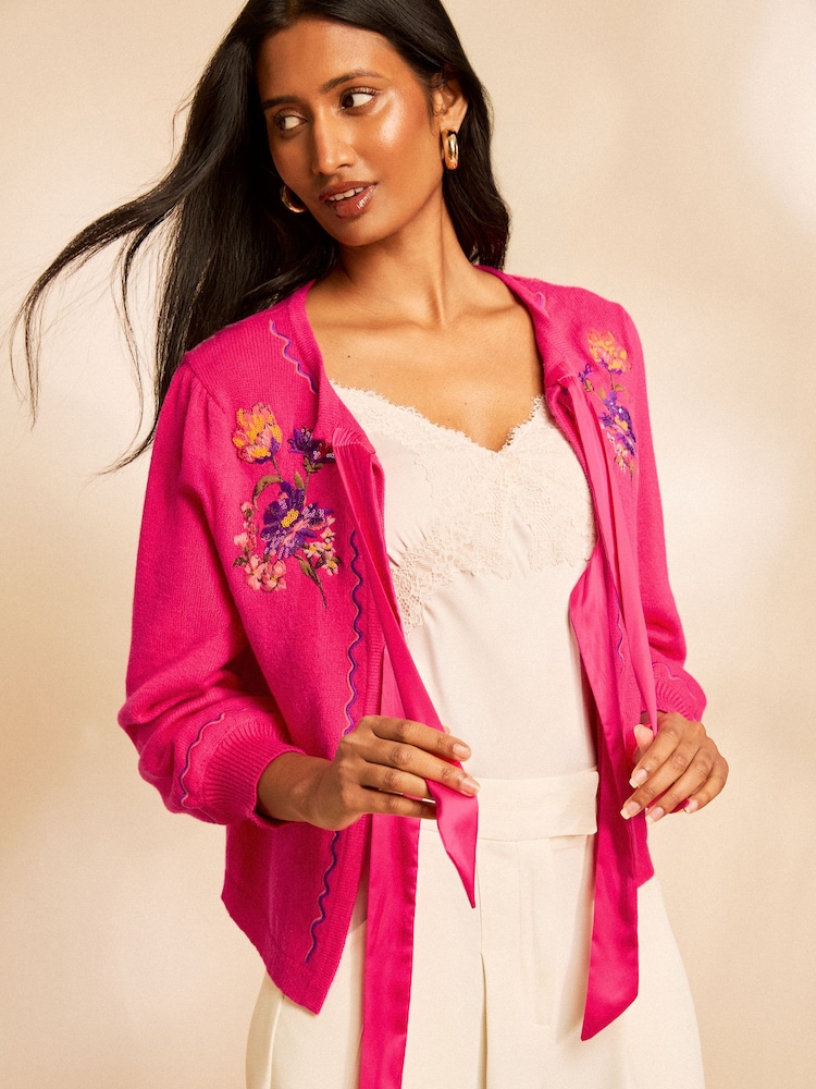 Love & Roses Floral Embroidered Detail SatinTie Front Knitted Cardigan - Slika 4 od 4