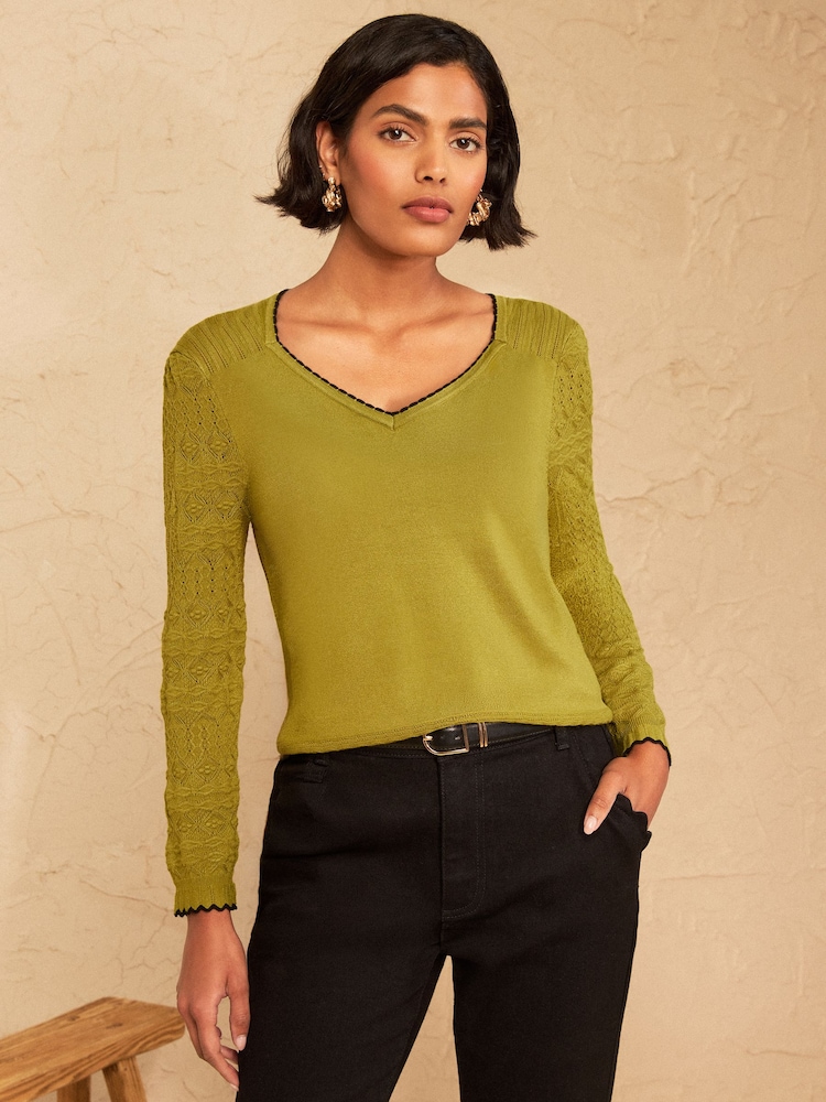 Love & Roses Green 3/4 Sleeve Sweetheart Neck Knitted Top - Image 1 of 4