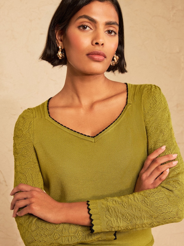 Love & Roses Green 3/4 Sleeve Sweetheart Neck Knitted Top - Image 2 of 4