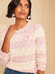 Love & Roses Pink And White Striped Cotton Rich Bow Detail Crew Neck 3/4 Sleeve Knitted Jumper - Image 1 of 4