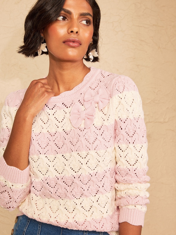 Love & Roses Pink And White Striped Cotton Rich Bow Detail Crew Neck 3/4 Sleeve Knitted Jumper - Image 1 of 4 Love & Roses Pink And White Striped Cotton Rich Bow Detail Crew Neck 3/4 Sleeve Knitted Jumper - Image 1 of 4