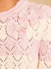 Love & Roses Pink And White Striped Cotton Rich Bow Detail Crew Neck 3/4 Sleeve Knitted Jumper - Image 2 of 4