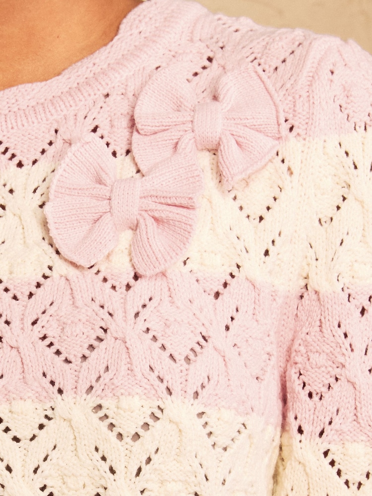 Love & Roses Pink And White Striped Cotton Rich Bow Detail Crew Neck 3/4 Sleeve Knitted Jumper - Image 2 of 4 Love & Roses Pink And White Striped Cotton Rich Bow Detail Crew Neck 3/4 Sleeve Knitted Jumper - Image 2 of 4