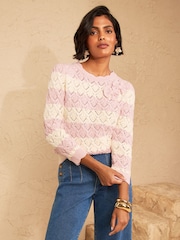 Love & Roses Pink And White Striped Cotton Rich Bow Detail Crew Neck 3/4 Sleeve Knitted Jumper - Image 4 of 4