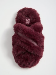 Lipsy Burgundy Red Cross Strap Faux Fur Slipper Mules - Image 3 of 7