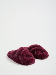 Lipsy Burgundy Red Cross Strap Faux Fur Slipper Mules - Image 4 of 7