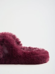 Lipsy Burgundy Red Cross Strap Faux Fur Slipper Mules - Image 5 of 7