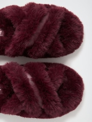 Lipsy Burgundy Red Cross Strap Faux Fur Slipper Mules - Image 6 of 7