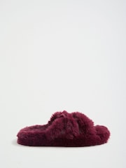 Lipsy Burgundy Red Cross Strap Faux Fur Slipper Mules - Image 7 of 7