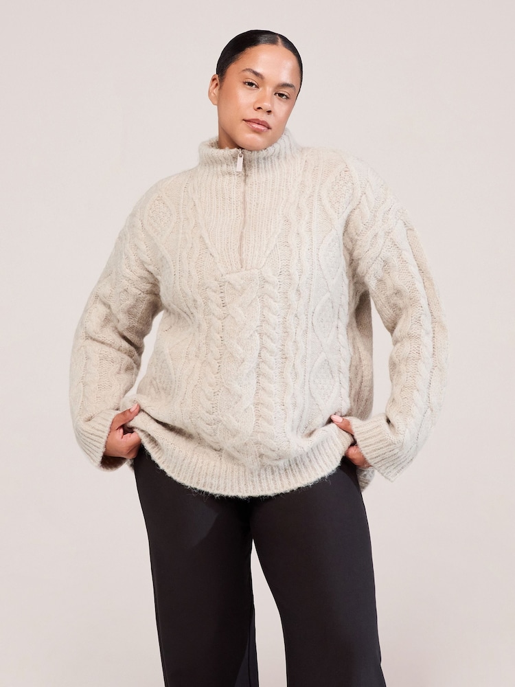 LOVALL Natural Cable Knit 1/4 Zip Jumper - Image 1 of 5 LOVALL Natural Cable Knit 1/4 Zip Jumper - Image 1 of 5