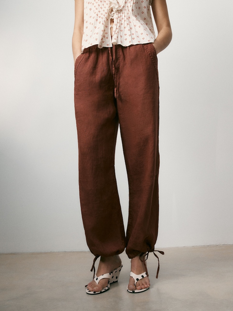 BHOEM Neutral Wide Leg 100% Linen Trousers With Tie Detail - Image 1 of 6