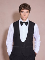 Black Regular Fit Check Sparkle Tuxedo Waistcoat - Image 1 of 5