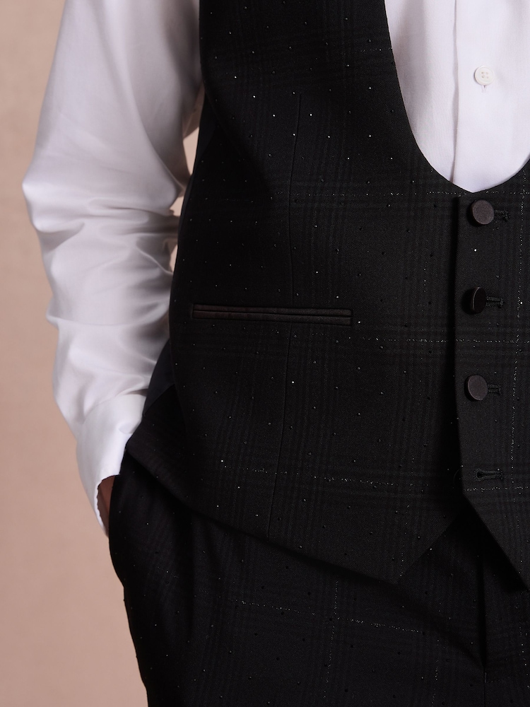 Black Regular Fit Check Sparkle Tuxedo Waistcoat - Image 5 of 5
