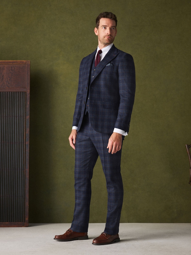 Bright Blue Tailored Fit Nova Fides Italian Wool Rich Check Trimmed Suit Waistcoat - Image 2 of 5