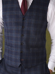 Bright Blue Tailored Fit Nova Fides Italian Wool Rich Check Trimmed Suit Waistcoat - Image 4 of 5