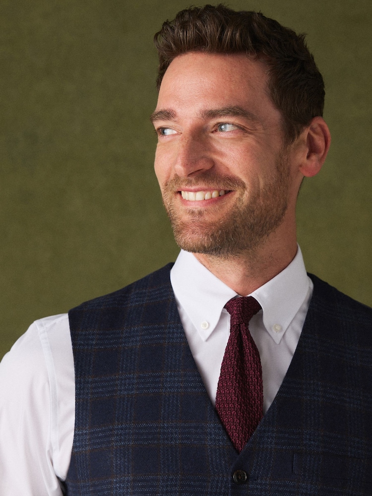 Bright Blue Tailored Fit Nova Fides Italian Wool Rich Check Trimmed Suit Waistcoat - Image 5 of 5