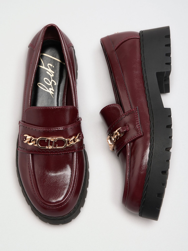 Lipsy Burgundy Red Faux Leather Hardware Trim Standard Fit Chunky Workwear Loafer - Image 1 of 5 Lipsy Burgundy Red Faux Leather Hardware Trim Standard Fit Chunky Workwear Loafer - Image 1 of 5