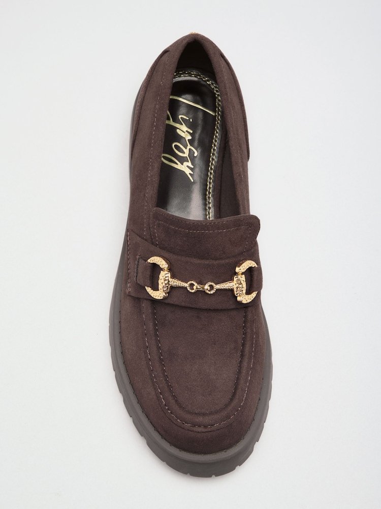 Lipsy Chocolate Brown Faux Suede Chunky Cleated Slip On Snaffle Trim Casual Loafers - Image 1 of 4 Lipsy Chocolate Brown Faux Suede Chunky Cleated Slip On Snaffle Trim Casual Loafers - Image 1 of 4