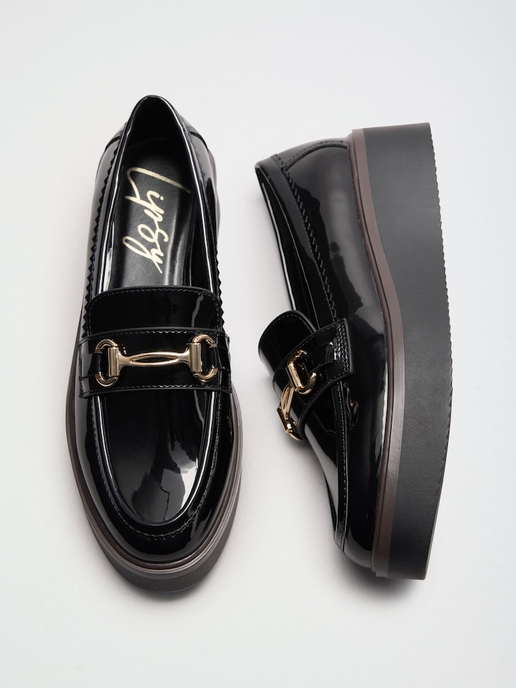 Lipsy Black Patent Wide Fit Snaffle Trim Wedge Platform Slip On Loafers - Image 1 of 5