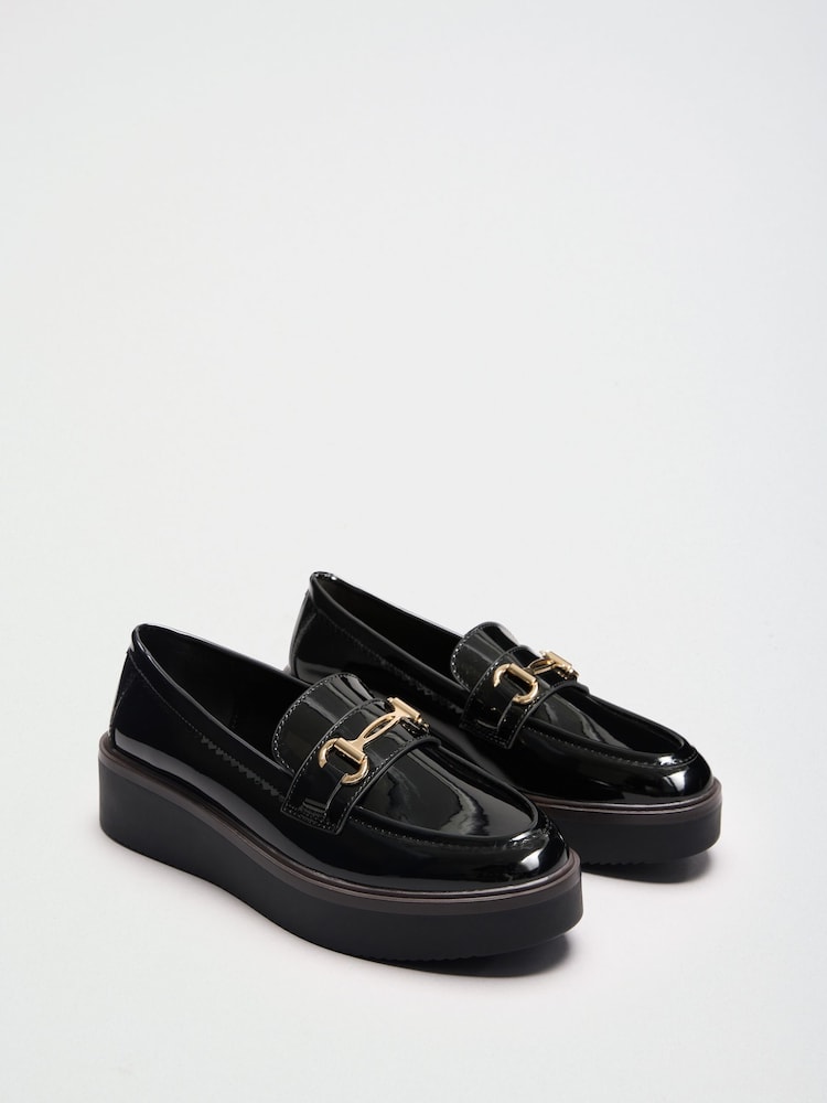 Lipsy Black Patent Wide Fit Snaffle Trim Wedge Platform Slip On Loafers - Image 2 of 5