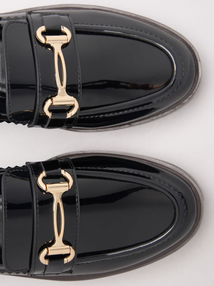 Lipsy Black Patent Wide Fit Snaffle Trim Wedge Platform Slip On Loafers - Image 5 of 5