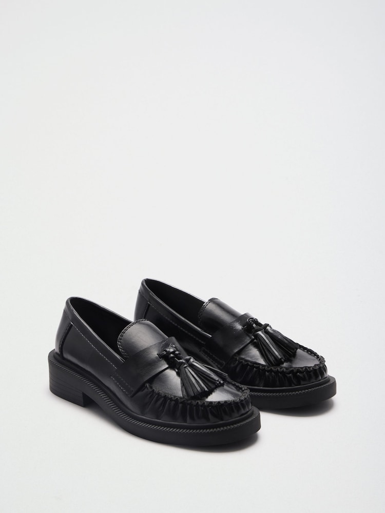 Lipsy Black Faux Leather Tassle Detail Chunky Smart Loafers - Image 1 of 5 Lipsy Black Faux Leather Tassle Detail Chunky Smart Loafers - Image 1 of 5