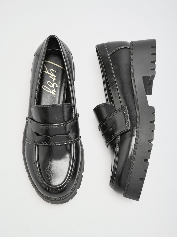 Lipsy Black Faux Leather Wide Fit Chunky Workwear Loafer - Image 1 of 5