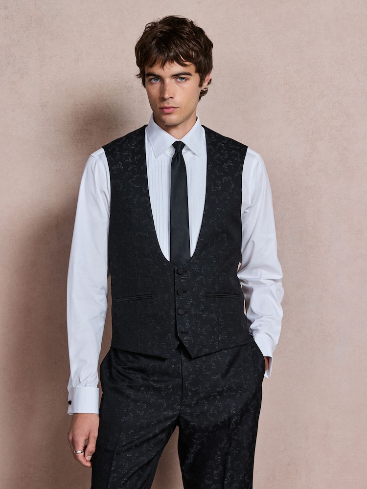 Navy Regular Fit Tuxedo Patterned Textured Suit Waistcoat - Image 1 of 5