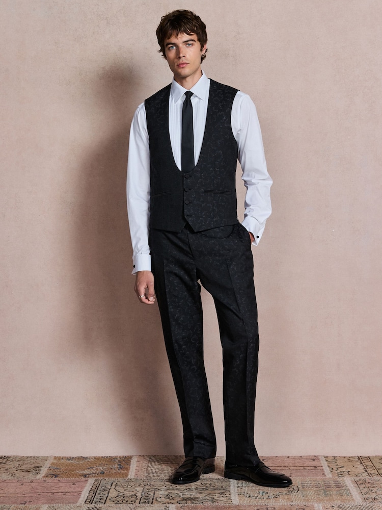 Navy Regular Fit Tuxedo Patterned Textured Suit Waistcoat - Image 2 of 5