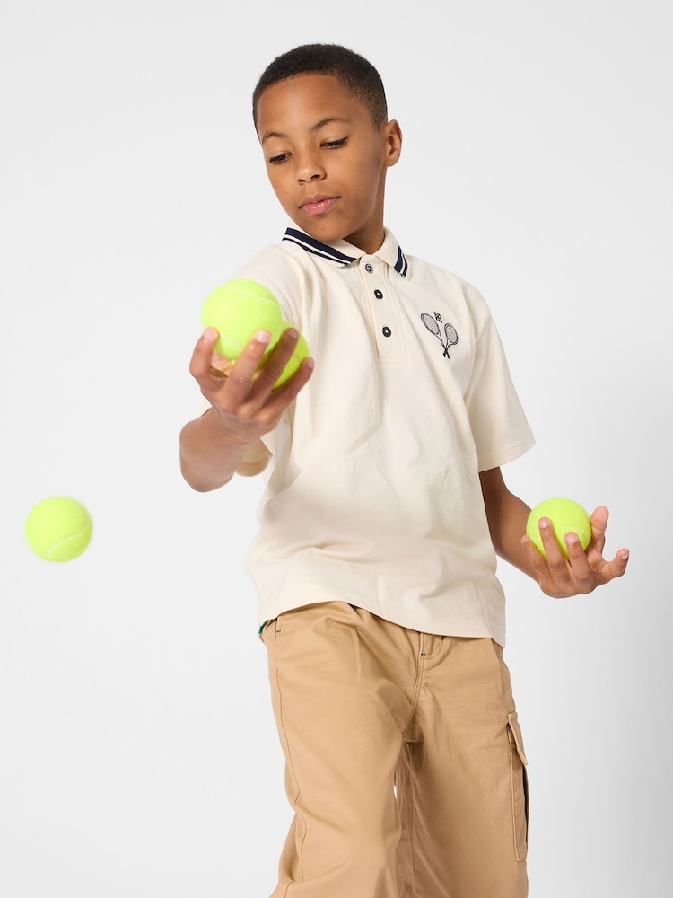 Kids Around Cream Tennis Club Back Print Graphic Short Sleeve Polo Shirt - Image 1 of 5