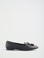 Lipsy Black Faux Leather Tassel Bow Hardware Trim Slipper Loafers - Image 2 of 5