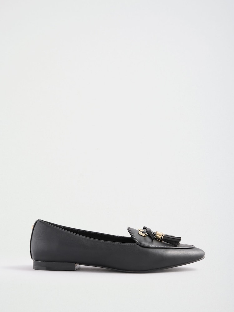 Lipsy Black Faux Leather Tassel Bow Hardware Trim Slipper Loafers - Image 2 of 5 Lipsy Black Faux Leather Tassel Bow Hardware Trim Slipper Loafers - Image 2 of 5
