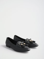 Lipsy Black Faux Leather Tassel Bow Hardware Trim Slipper Loafers - Image 3 of 5