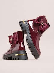 Lipsy Burgundy Red Black Patent Faux Leather  Bow Elasticated Heel Clip Ankle Chelsea Boots - Image 1 of 5