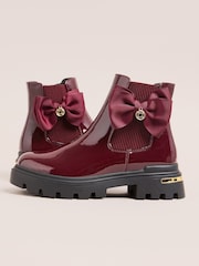 Lipsy Burgundy Red Black Patent Faux Leather  Bow Elasticated Heel Clip Ankle Chelsea Boots - Image 2 of 5
