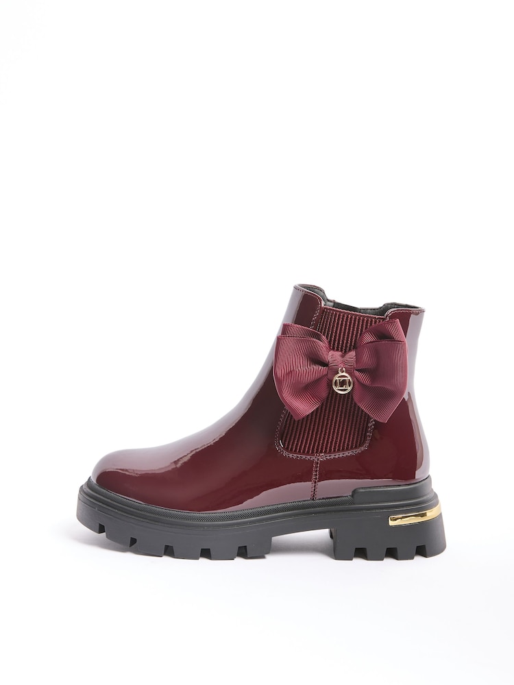 Lipsy Burgundy Red Black Patent Faux Leather Bow Elasticated Heel Clip Ankle Chelsea Boots - Image 5 of 5 Lipsy Burgundy Red Black Patent Faux Leather Bow Elasticated Heel Clip Ankle Chelsea Boots - Image 5 of 5