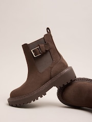 Lipsy Chocolate Brown Faux Suede Elasticated Gusset Buckle Chelsea Ankle Boots - Image 1 of 5